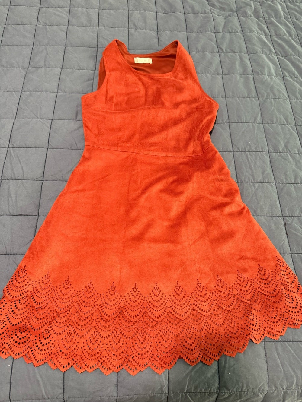 Burnt Orange Suede Scarlet A-Line Dress with Scalloped Hem